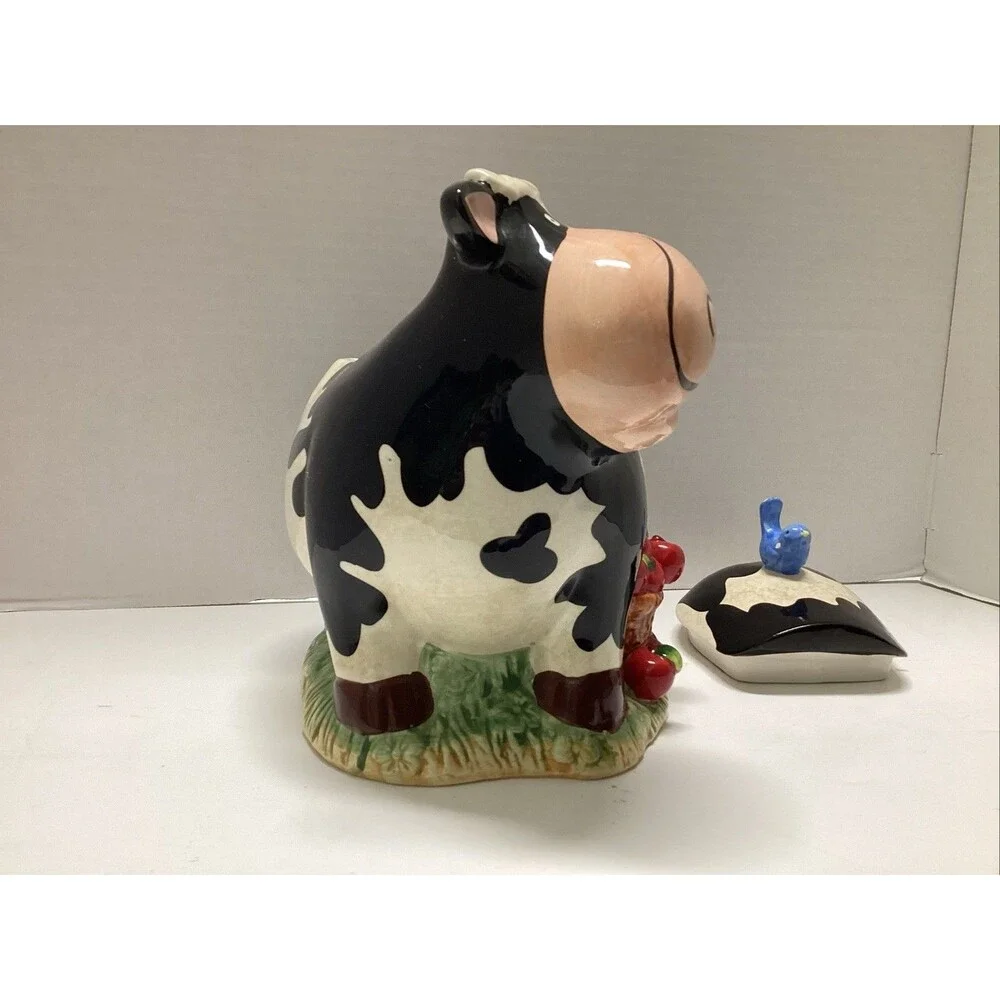 vintage GKRO ceramic cow cookie jar blue bird apples